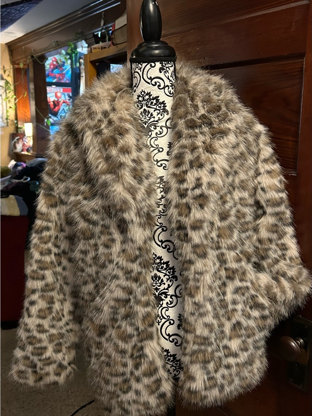 wild fable Faux Fur Leopard-Print Teddy Jacket in Taupe and Cream